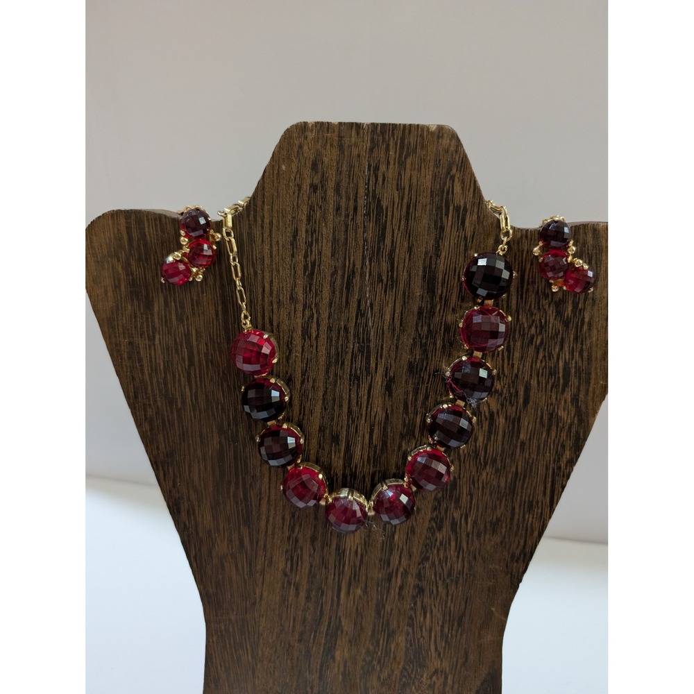 Vintage Red Burgundy Faceted Bead Necklace and Clip On Earrings Jewelry Set